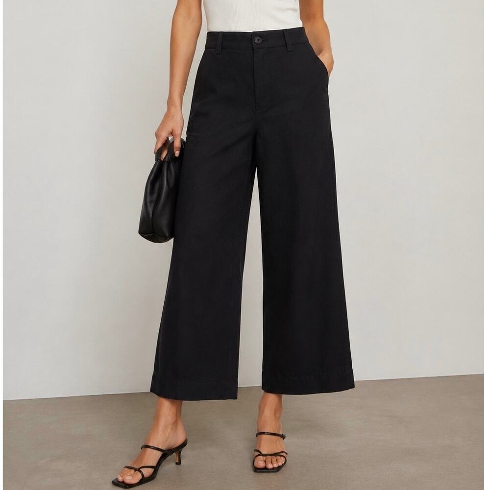 Vince Linen Cotton Wide Leg Crop Pants Black High Rise Size 4 Ankle Trouser Fits